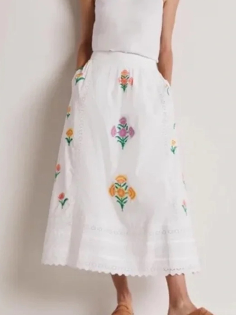 Boden NWT UK 12 US 8 - White Embroidered Floral Midi Skirt - Picture 2 of 3